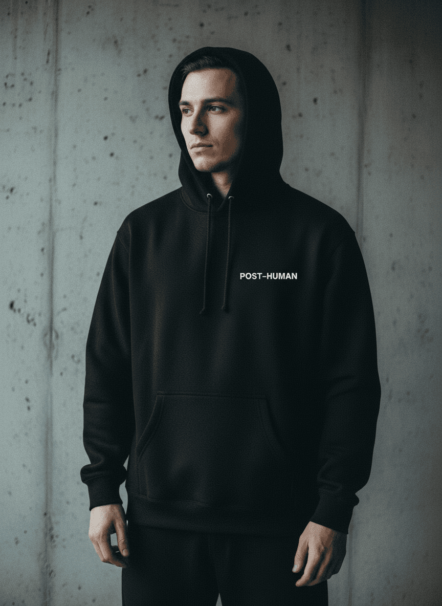 MODEL v1 hoodie, front. POST-HUMAN embroidered small on the left chest.